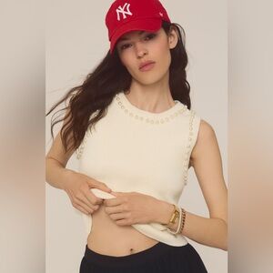 Anthropologie Ivory Pearl Trim Cropped Sweater Tank Size XXS